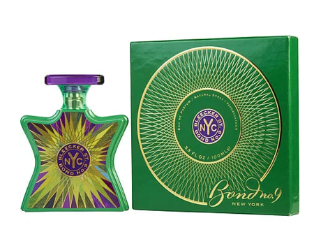 Green perfume bottle and packaging with 'Bond No. 9' branding on a white background