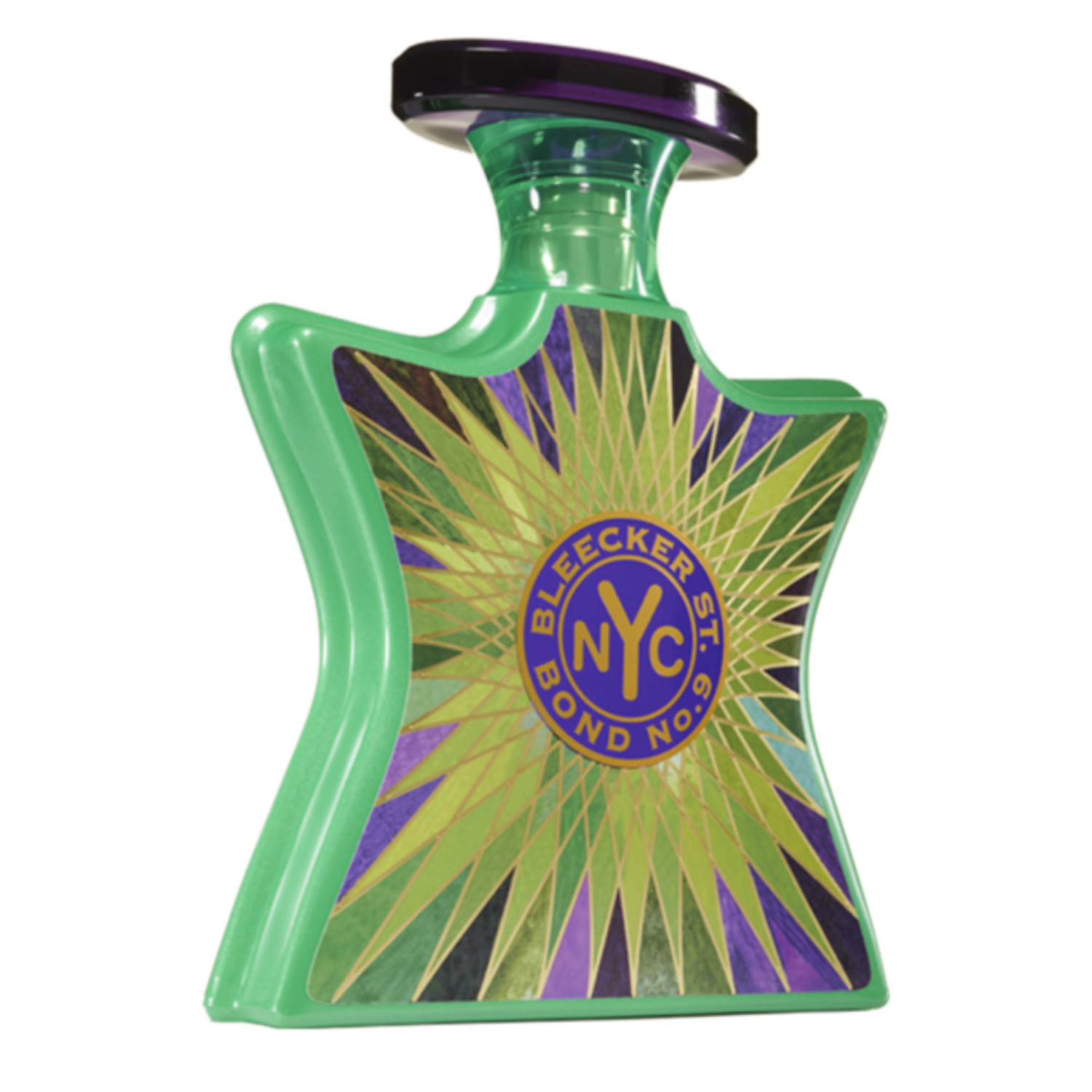 Green perfume bottle with colorful design and 'Bleecker St. Bond No.' branding on a white background