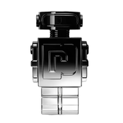 Black and silver camera lens with a prominent 'P' logo robot bottle
