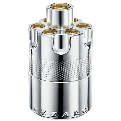 Silver and gold Azzaro perfume bottle on a white background