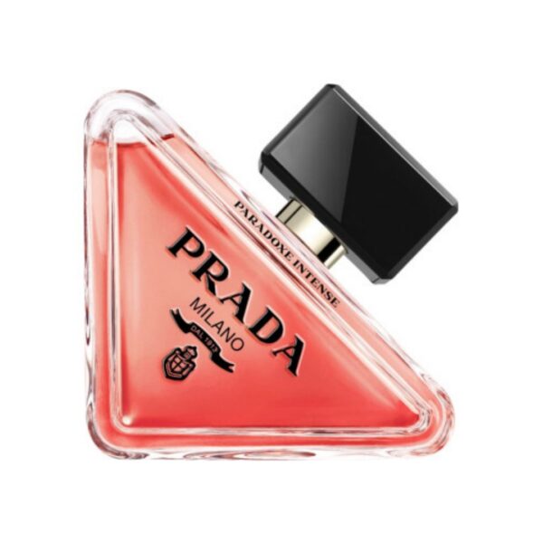Prada perfume bottle with a triangular design on a white background