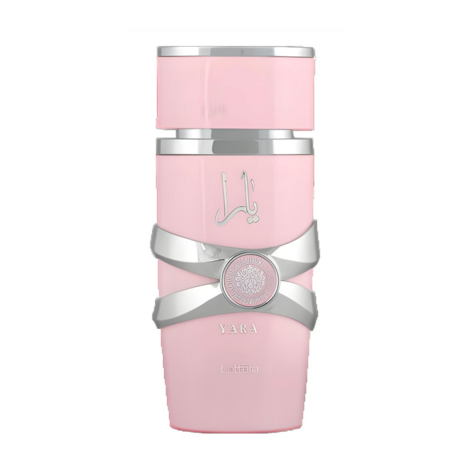 Pink and silver bottle with a visible brand logo on a white background