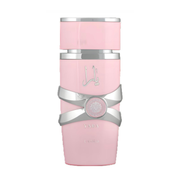 Pink and silver bottle with a visible brand logo on a white background