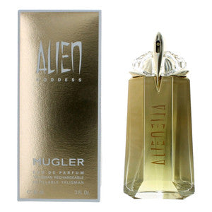 Mugler Alien perfume bottle and packaging on a white background