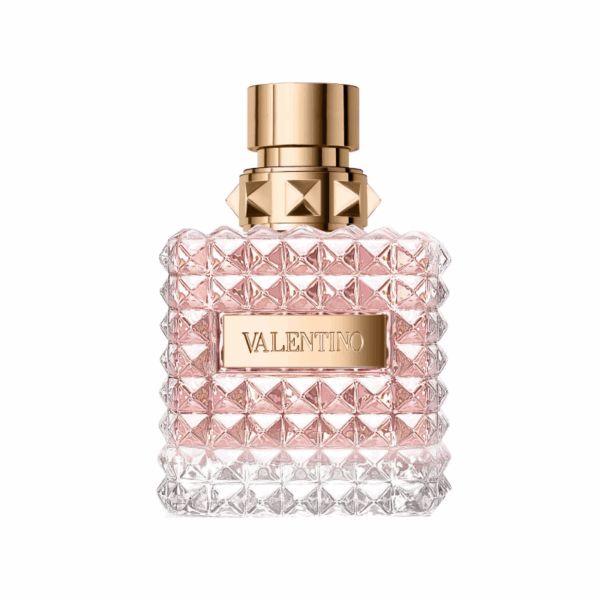 Valentino perfume bottle with geometric design and gold cap on a white background