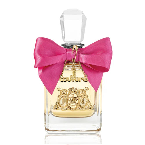 Juicy Couture Viva La Juicy Perfume bottle with a pink bow and gold accents on a white background