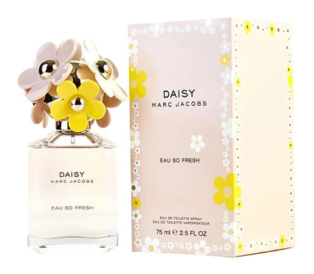 Marc Jacobs Daisy Eau So Fresh perfume bottle and packaging on a white background