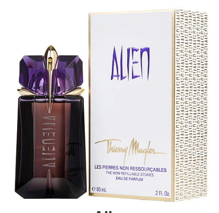 Thierry Mugler Alien perfume bottle and packaging on a white background