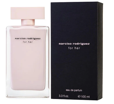 Narciso Rodriguez for Her perfume bottle and packaging on a white background