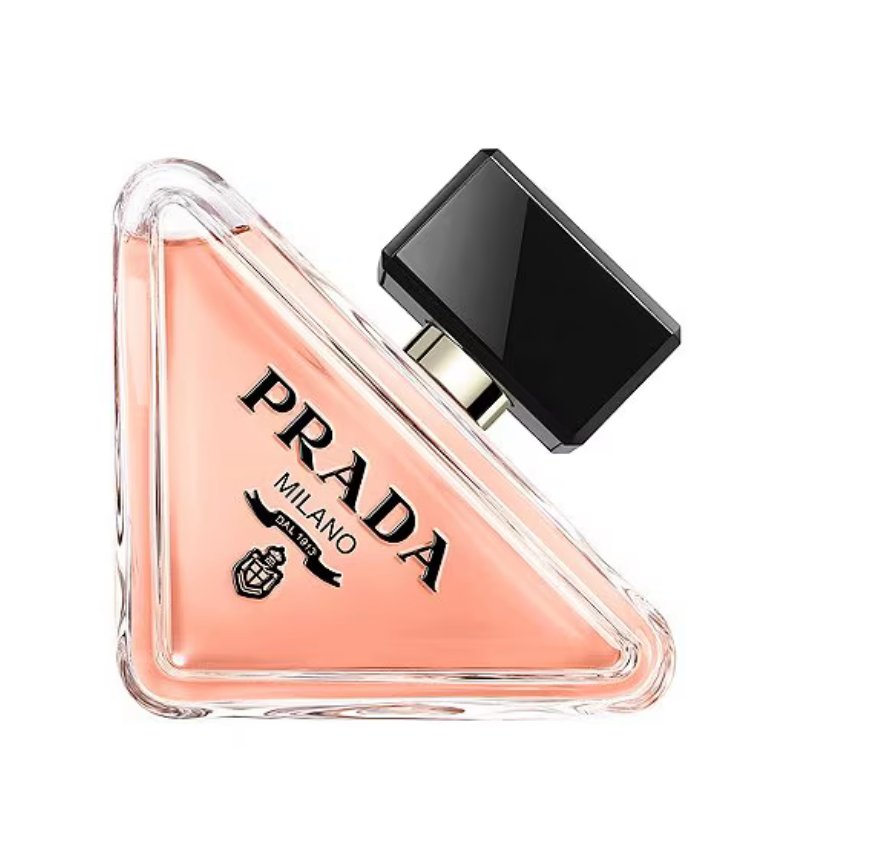 Prada perfume bottle with a triangular design on a white background