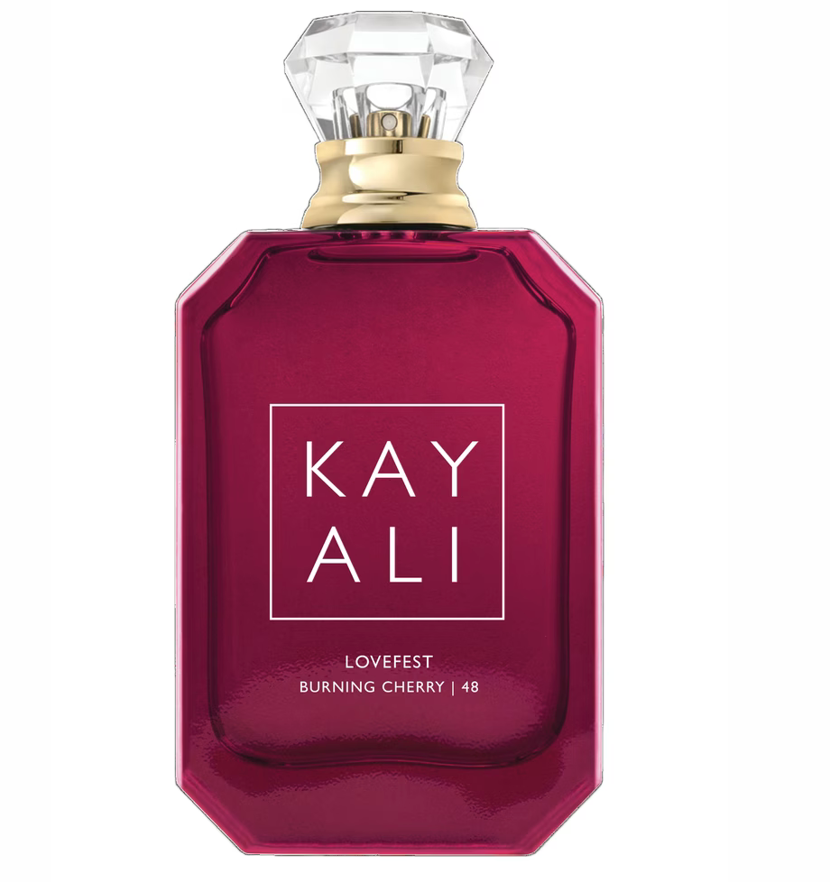 Maroon perfume bottle with gold cap and 'KAY ALI' Lovefest Burning Cherry
