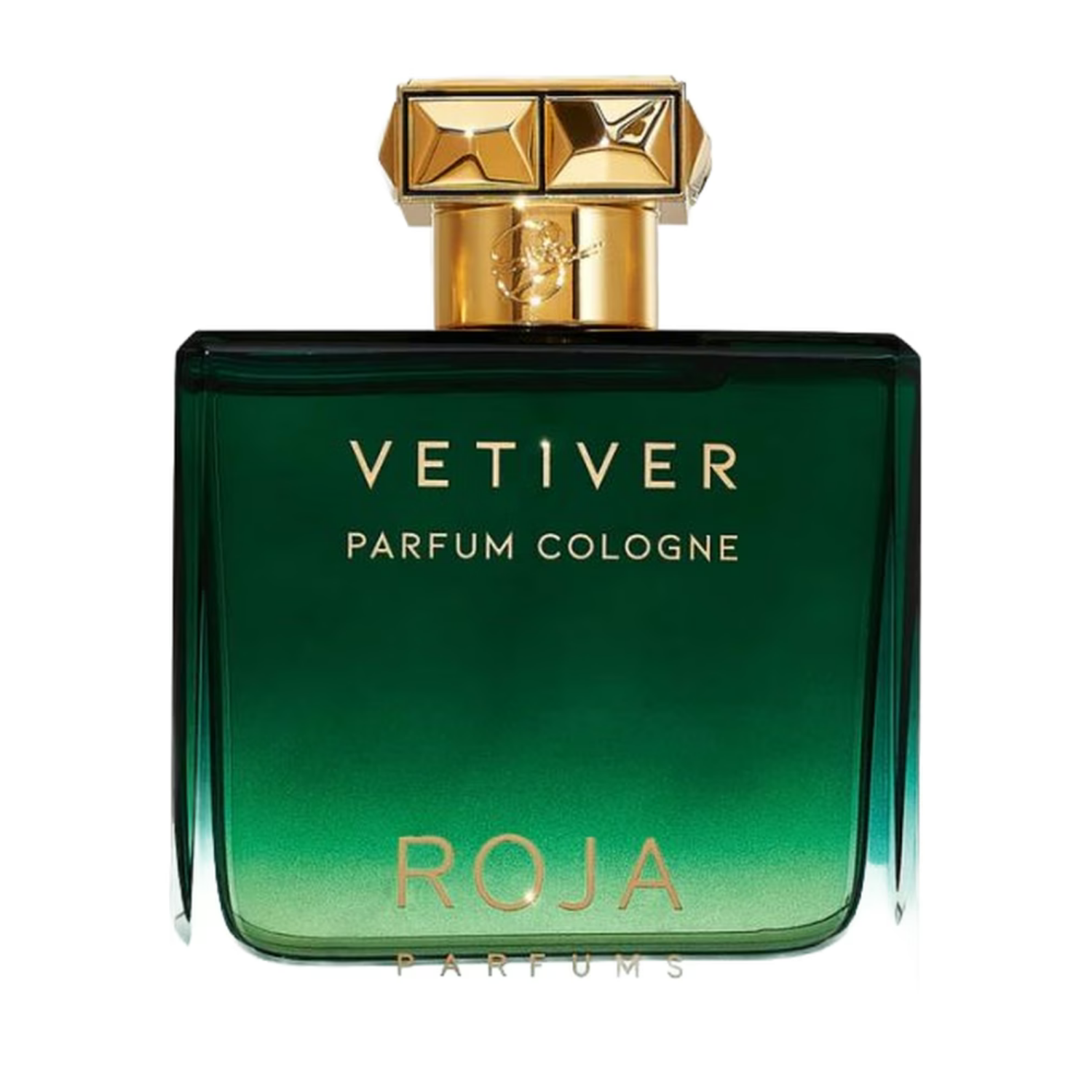 Green and gold parfum cologne bottle with 'Vetiver' and 'Roja' branding on a white background
