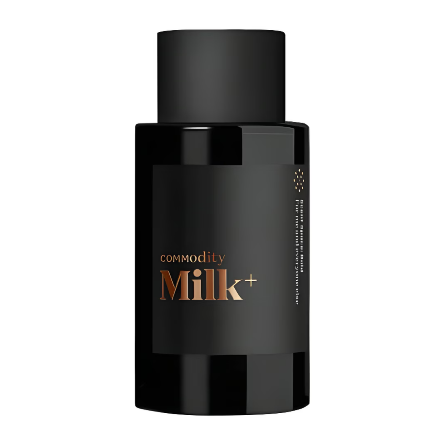 Black bottle of 'Commodity Milk+' on a white background