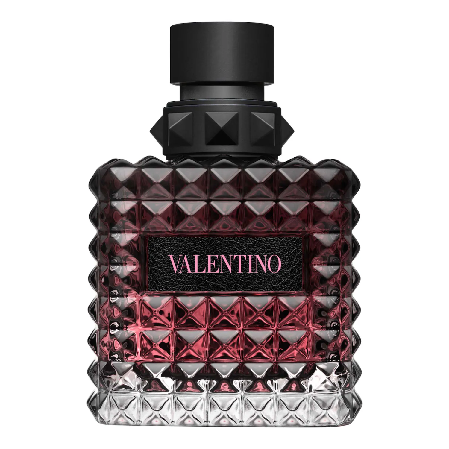 Valentino perfume bottle with black cap and red and clear diamond-patterned design on a white background