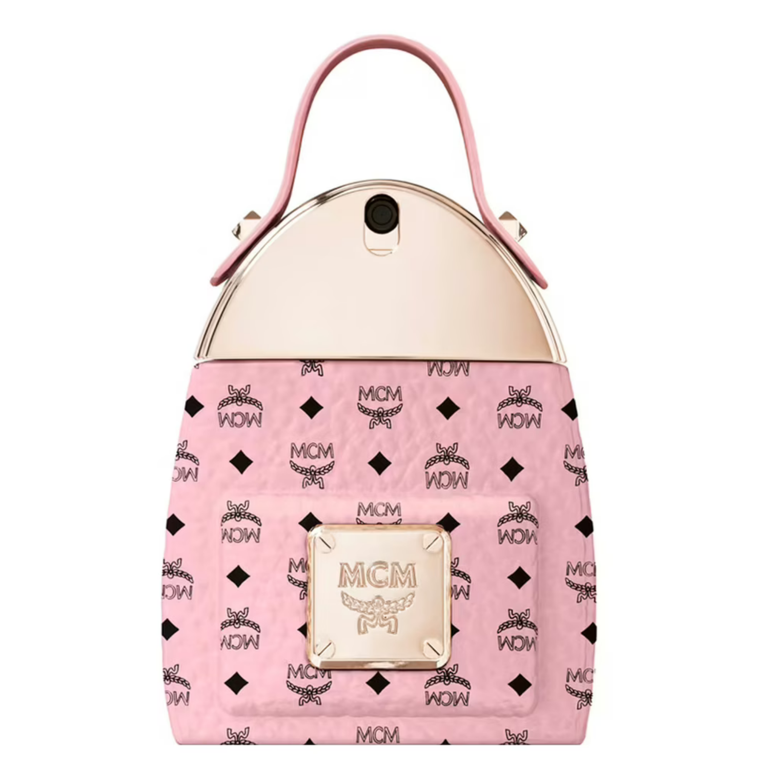 MCM CRUSH EAU DE PARFUM MCM Pink handbag with black pattern and gold accents on a white background