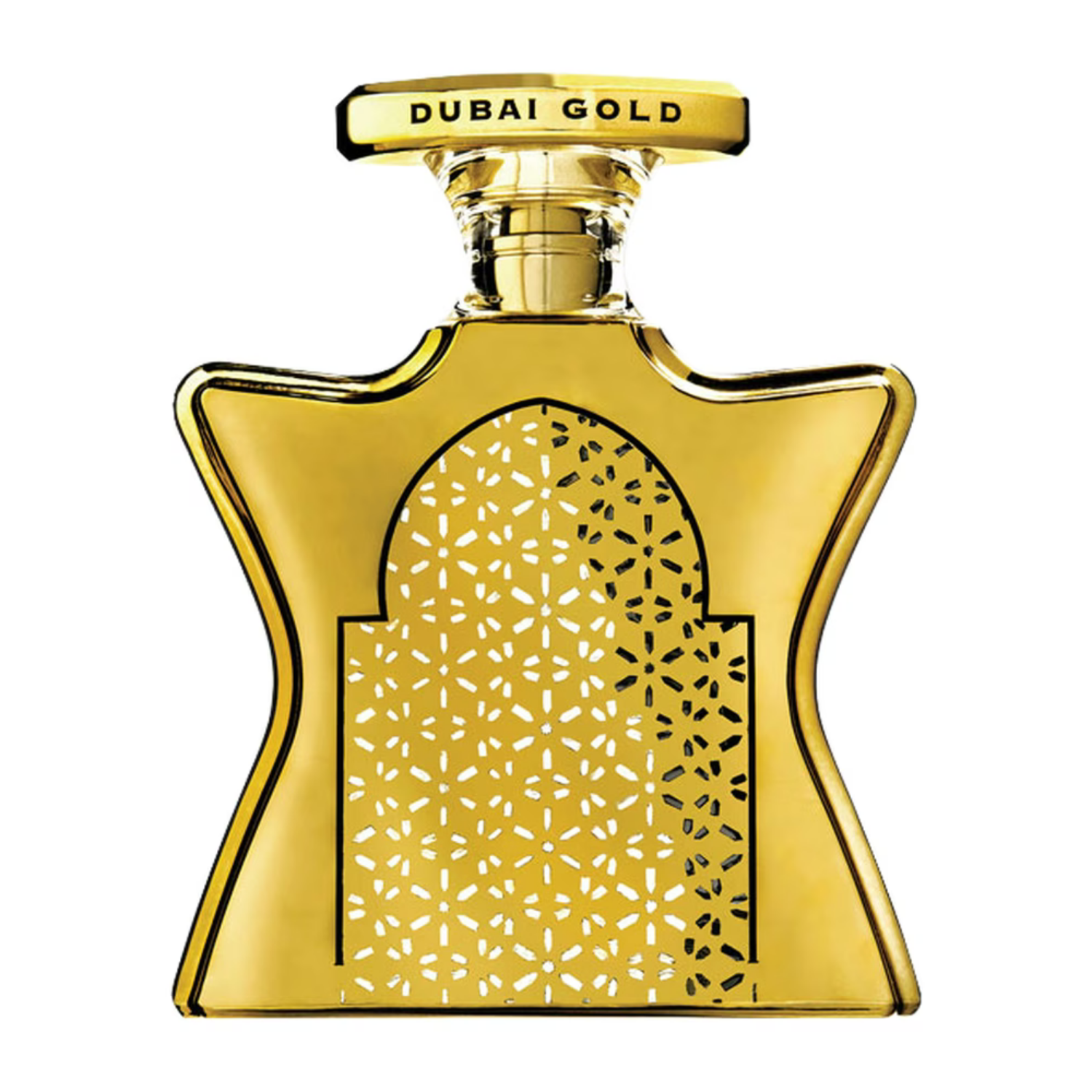 Gold perfume bottle with intricate design and 'Dubai Gold' text on a white background