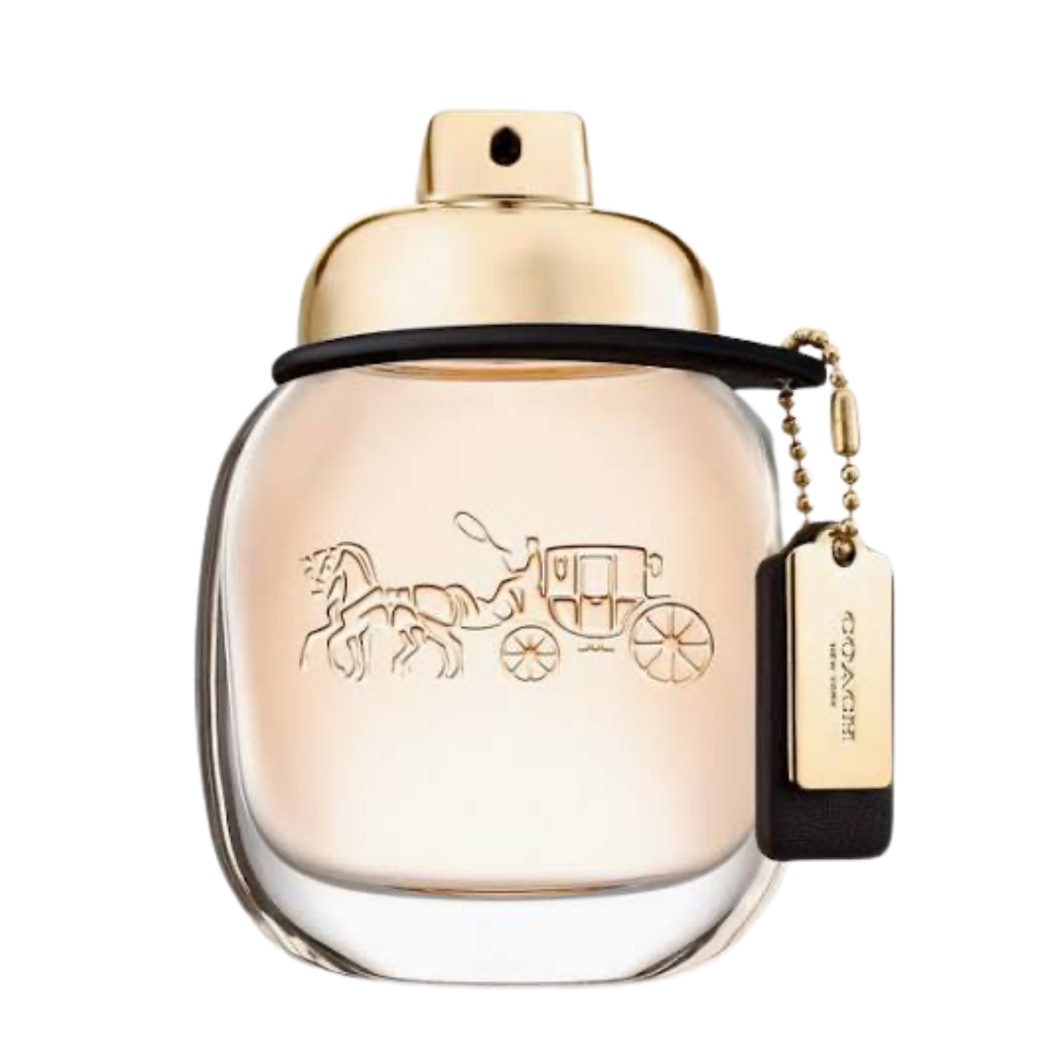 Coach Women's Eau de Parfum Spray with gold cap and horse and carriage logo on a white background