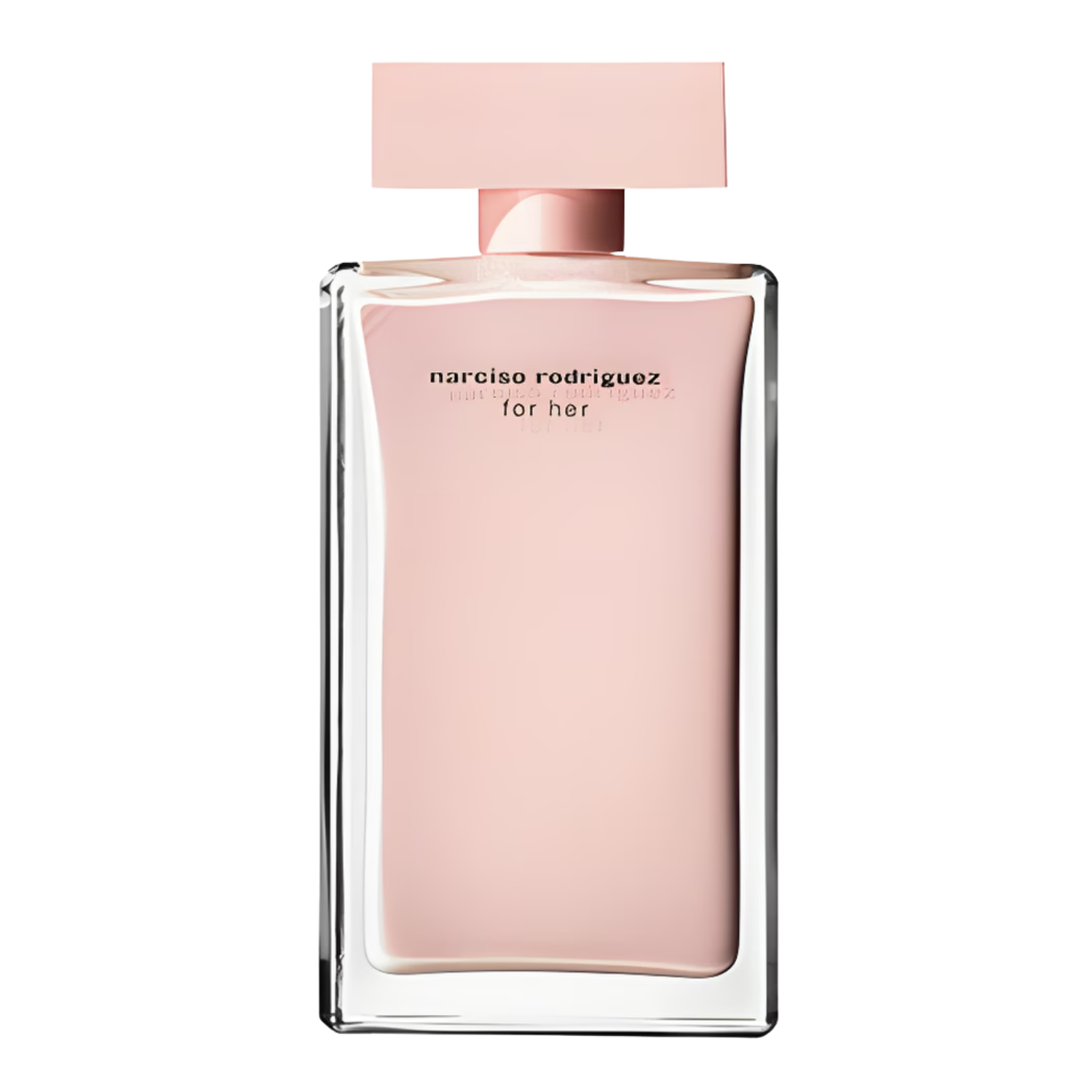 Narciso Rodriguez for Her perfume bottle with pink cap and body on a white background