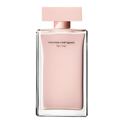Narciso Rodriguez for Her perfume bottle with pink cap and body on a white background