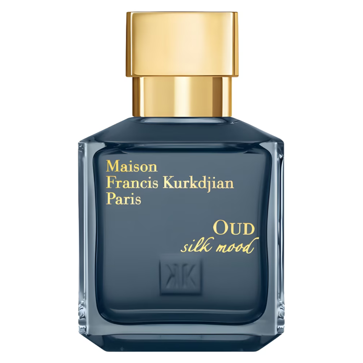 Maison Francis Kurkdjian Paris OUD silk mood Perfume bottle with gold cap and text on a white background