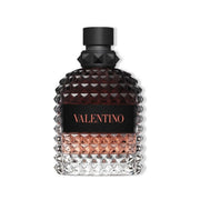 Valentino perfume bottle with black and rose gold design on a white background