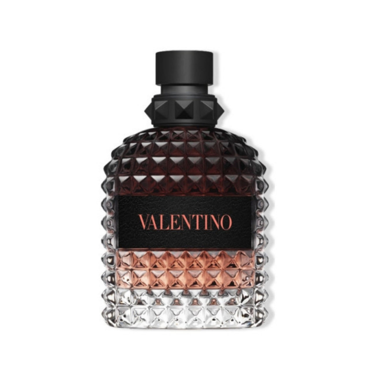 Valentino perfume bottle with black and rose gold design on a white background