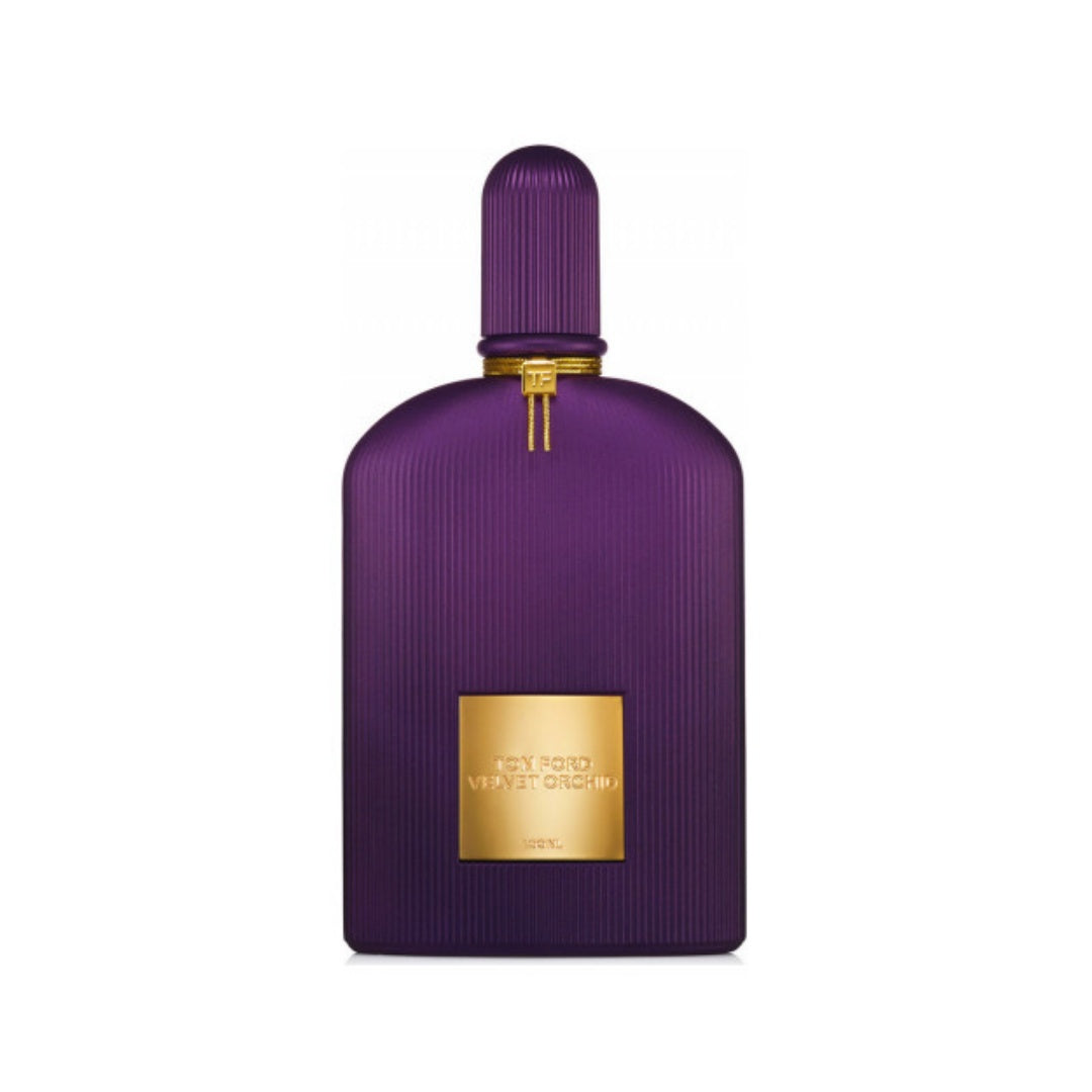 Purple perfume bottle with gold label on a white background