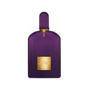 Purple perfume bottle with gold label on a white background