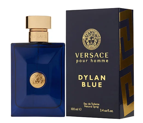Versace Dylan Blue perfume bottle and packaging on a white background