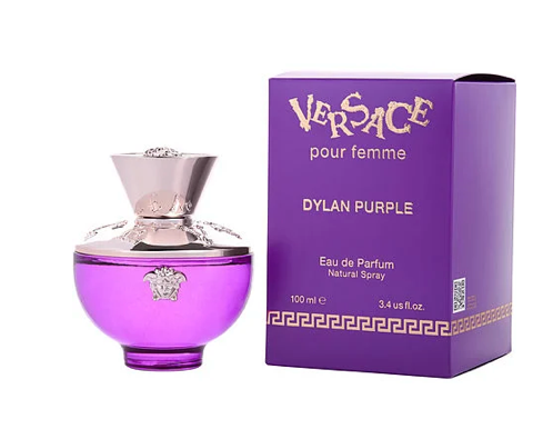 Versace Dylan Purple perfume bottle and packaging on a white background