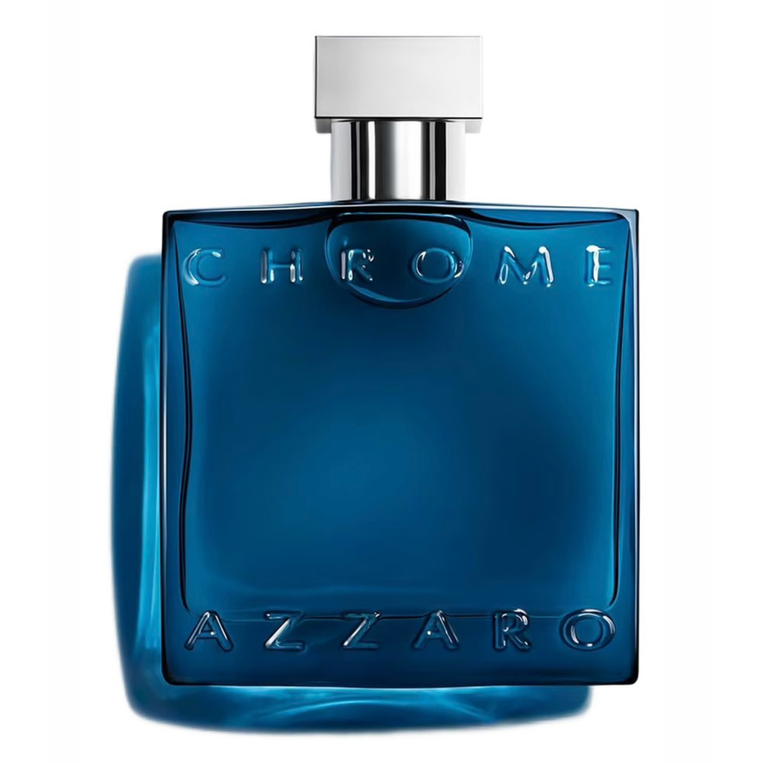 Blue Azzaro Chrome perfume bottle on a white background