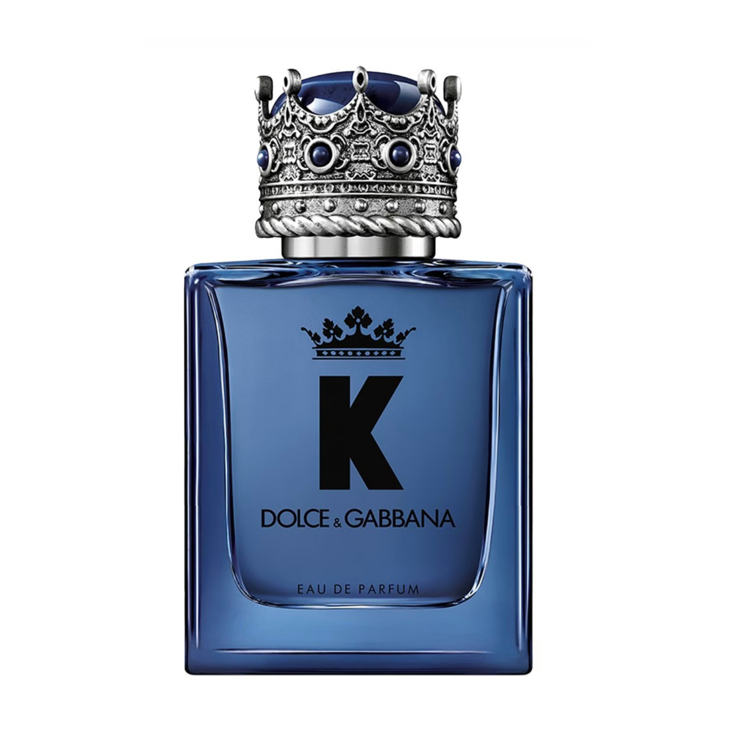 Blue Dolce & Gabbana perfume bottle with decorative cap on a white background