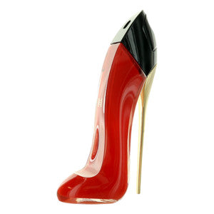 Red high-heeled shoe with a gold heel CH very good girl 