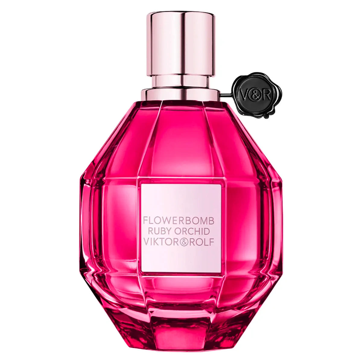 Pink perfume bottle with 'Viktor & Rolf' branding on a white background