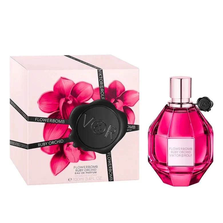 Viktor & Rolf Flowerbomb Ruby Orchid perfume bottle and packaging on a white background