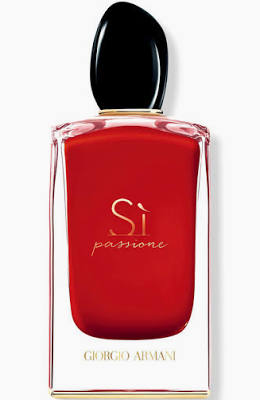Red Giorgio Armani Si perfume bottle with black cap on a white background