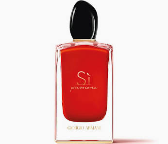 Red Giorgio Armani perfume bottle with black cap on a white background