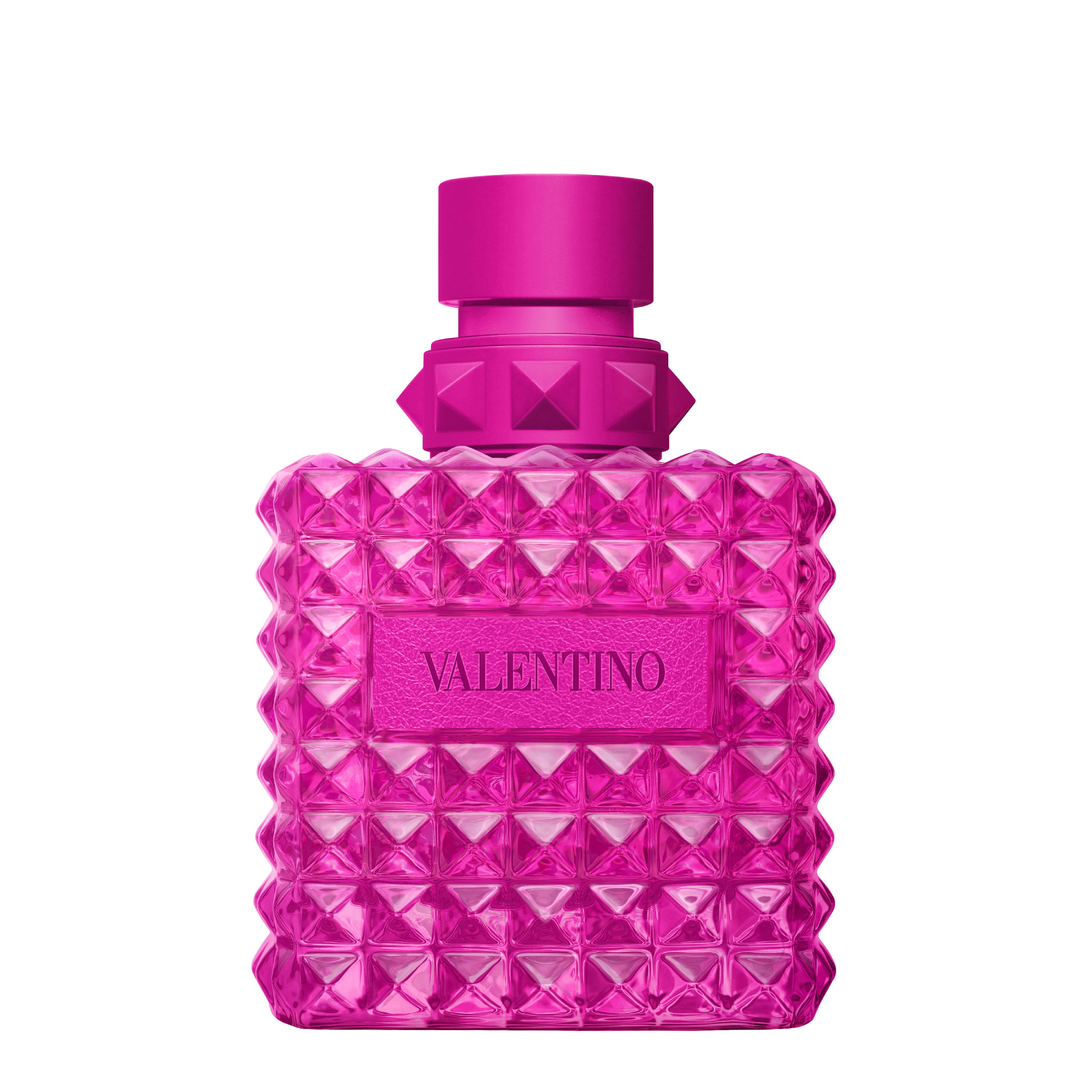 Pink perfume bottle with diamond pattern and 'Valentino' pink pp